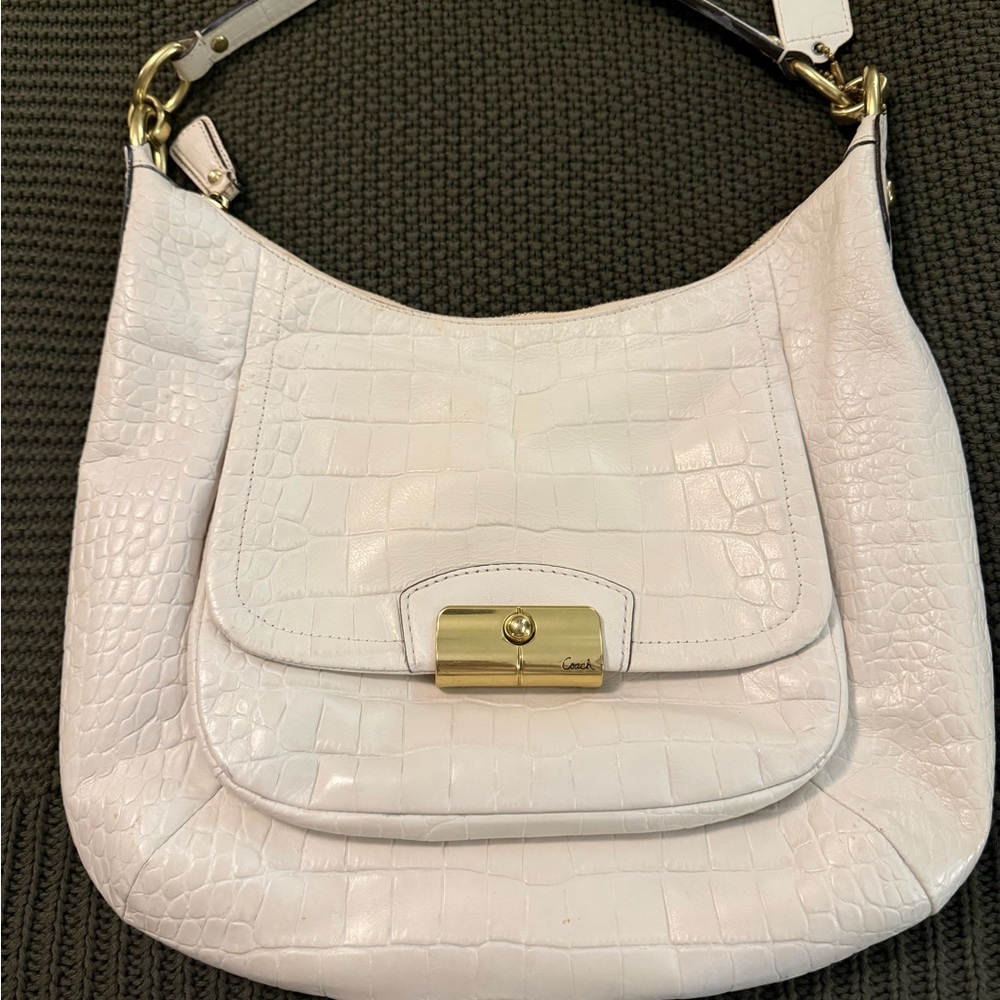 Coach White Croc-Embossed Leather Bag with Gold Clasp